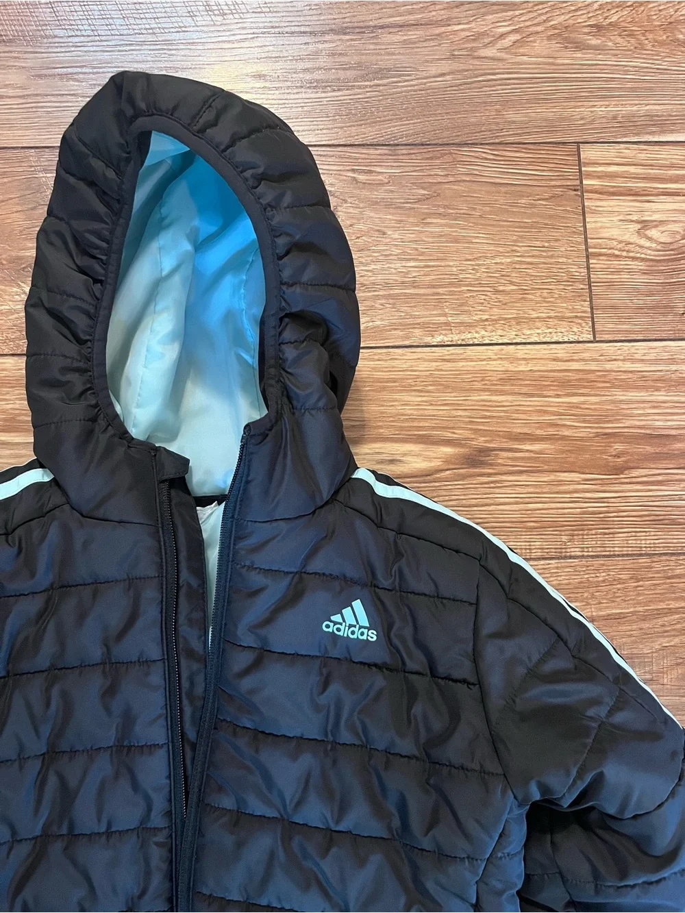 adidas Black Kids Puffer Jacket with Light Blue Lining